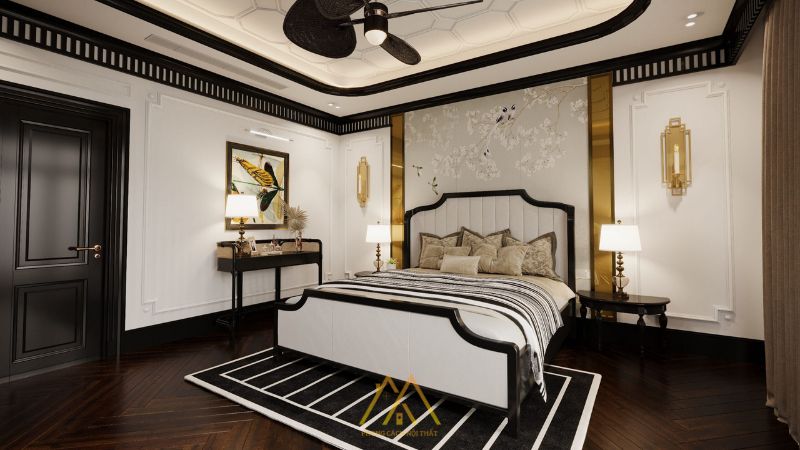 Phòng ngủ phong cách Indochine kết hợp Luxury mang đến một không gian lộng lẫy, xa hoa