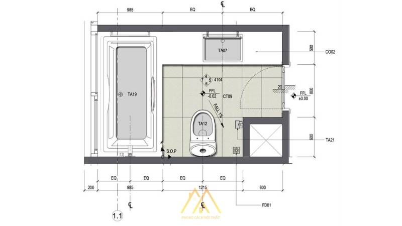 Ví dụ về kích thước phòng tắm có trang bị bồn tắm riêng