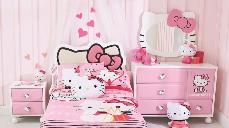 Các mẫu phòng ngủ màu hồng Hello Kitty cho bé gái