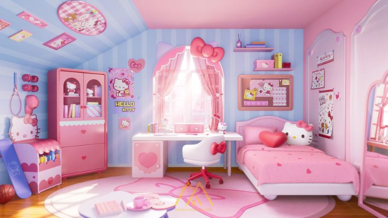 Các mẫu phòng ngủ màu hồng Hello Kitty cho bé gái